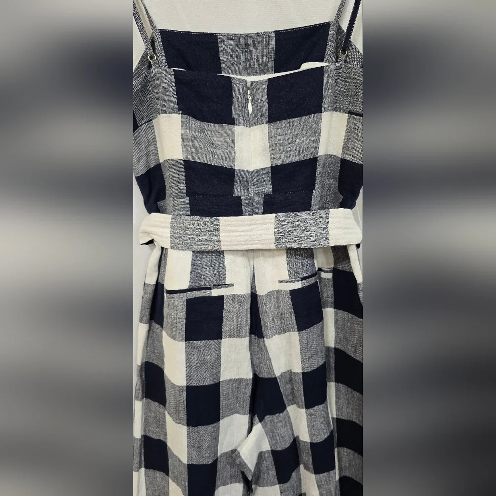 J.‎ Crew 00 gingham beauchamps 100% linen strappy jumpsuit, wide leg, tie-waist